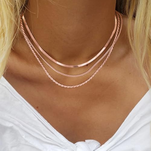 Freekiss Layered Necklace Set for Women Stackable | Herringbone Snake Cuban Rope Chain, Dainty Choker, Layered Stackable, Non Tarnish, Hypoallergenic, Adjustable 14-18.5" - color: Rose Gold, style: 3Snake+Rope+Cuban