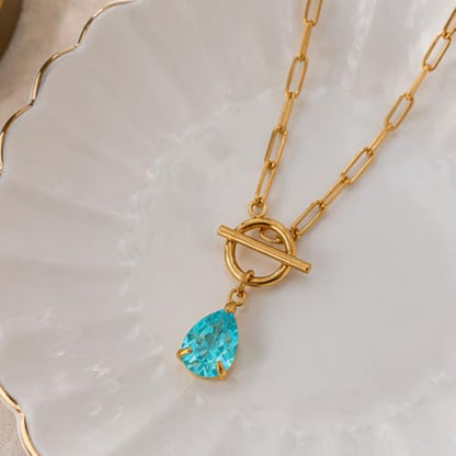 Teardrop CZ Pendant Paperclip Chain Necklace 18K Plated Paperclip Toggle Necklace Jewelry Birthstone Gift for Women - color: Aquamarine-March