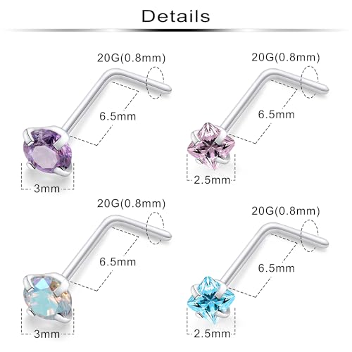 Hypoallergenic Nose Rings Studs 18G & 20G Surgical Steel Nose Studs L Shaped Nostril Piercing Jewelry with Cubic Zirconia for Women & Men - color: 20g,L-shape,crystal