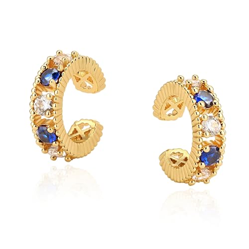 Bemoly Ear Cuff Earrings for Women 14K Gold Plated Cubic Zirconia Dangle Huggie Ear Cuffs Non Piercing | Clip On Cartilage - style: D-Blue CZ-Pair