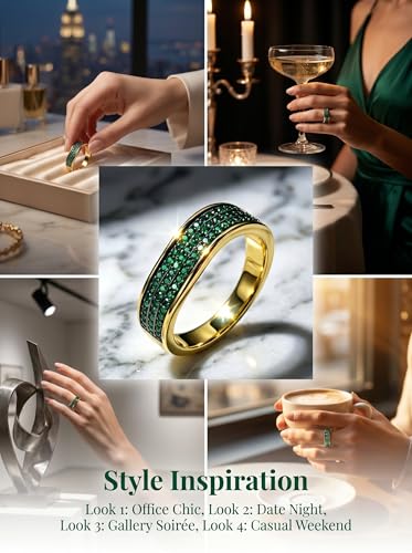 HEXAJOLIE Ribbon Statement Band Ring for Women | Elegant Gold Jewelry Accessories | Perfect for Party & Date Night | Hypoallergenic & Durable - color: Gold/Green