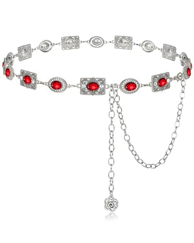 Women Western Concho Chain Belt Vintage Rhinestone Gems Boho Metal Waist Chain Jeans Dress Daily Concert Halloween - color: B-scarlet Red Retro Silver, size: Length 43" (24"+extension chain 19" )