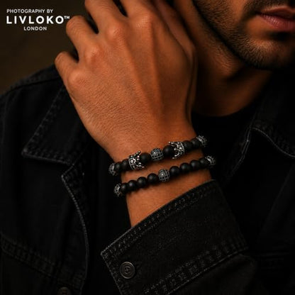 LONDON Mens Bracelet Leather Black Multi-Layer Stone Beads Adjustable Steel Clasp Viking Rope Bands Surfer Man Wristband Male UK Jewellery Gift box Boyfriend Dad Son Brother Tiger Eye - color: J. Designer Black Agate, size: Medium to Large 20-22cm