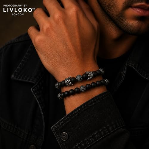 LONDON Mens Bracelet Leather Black Multi-Layer Stone Beads Adjustable Steel Clasp Viking Rope Bands Surfer Man Wristband Male UK Jewellery Gift box Boyfriend Dad Son Brother Tiger Eye - color: J. Designer Black Agate, size: Small to Medium 18-20cm