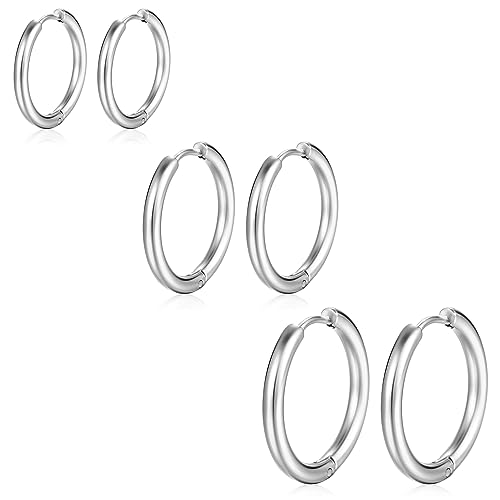 Silver Gold Hoop Earrings for Women Men, 316L Surgical Stainless Steel Huggie Hoop Earrings Set Hypoallergenic Small Cartilage Earrings Lightweight Hoop Earrings Huggie Set - color: Silver--8/10/12mm