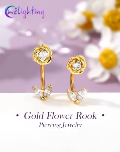 Melighting 16G Flower Rook Piercing Jewelry Marquise Stainless Steel 316L | Delicate Floral Leaf Design, 5A Grade Cubic Zircon, Dainty Eyebrow Piercing - color: Gold, size: 16g8mm