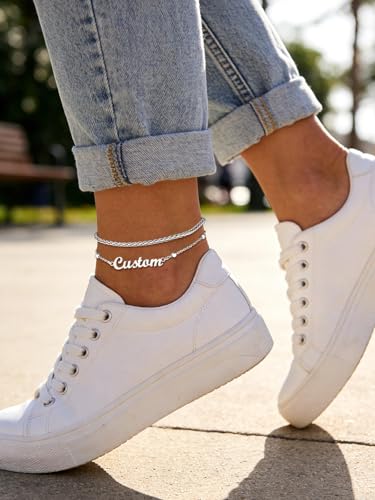 Custom4U Custom Name Anklet Bracelets for Women Waterproof Beaded/Figaro/Cuban/Rope/Wheat Chain Anklet Stackable Gold Plated Non Tarnish Custom Beach Gift Barefoot Summer Jewelry for Her - color: D02-Silver Wheat Chain