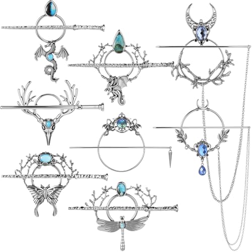 WILLBOND 8 Pcs Viking Celtic Hair Clips Vintage Celtic Knot Hair Slide Sticks Retro Silver Alloy Barrette Hairpins Viking Jewelry Accessories for Women Girls Scarf Sweater Gifts(Gemstone) - style: Gemstone