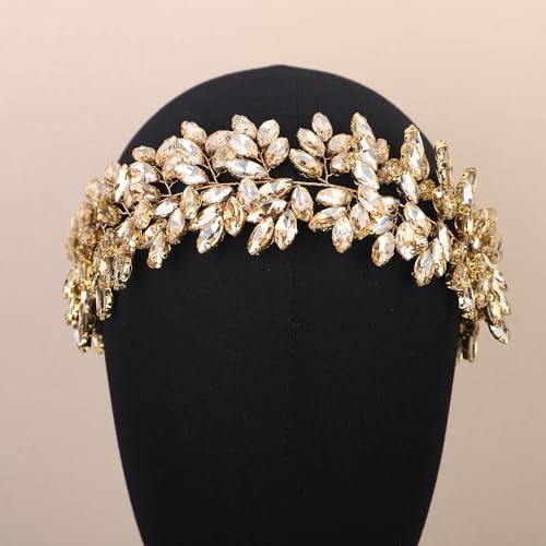 Missgrace Women Silver Green Black Red Blue Handmade Full Crystal Rhinestone Large Headband Hair Vine Shinny Headpiece Bridal Wedding Hair Accessories for Women (Champagne) - color: Champagne
