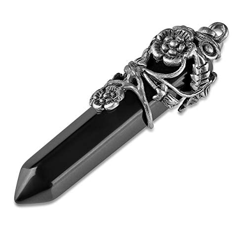 Top Plaza Flower Wrapped Natural Black Agate Crystal Necklace | Antique Silver Healing Crystal Gemstone Necklaces for Women Mothers Day Mom Gifts - color: Black Agate