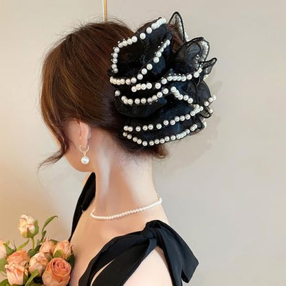Elegant Pearl-Trimmed Hair Claw Clips, Black and White Chiffon Silk Bows, Large Nonslip French Barrette Hair Accessories for Women, 2 Pack