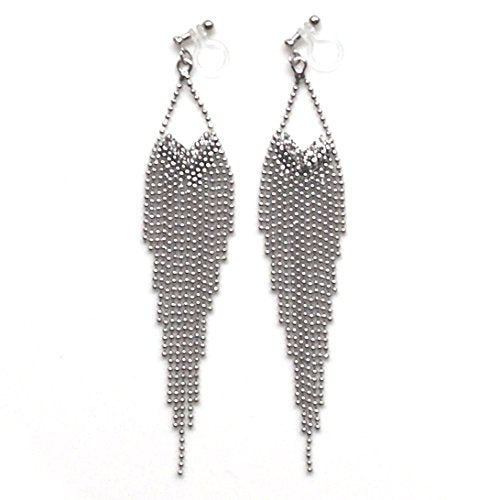 Dangle Silver Invisible Clip On Earrings for Women Not Pierced Gold Crystal Rhinestone Comfortable Hoop Fringe Long Chain Clip On Earrings - color: Fringe Silver 2