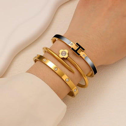 3Pcs Gold Bracelets for Women 14K Gold Plated Love/H/Nail Bangle Bracelet Dainty Non Tarnish Bracelet Jewelry Christmas Mothers Day Gifts for Women - color: 3Pcs Gold/Black H bracelet