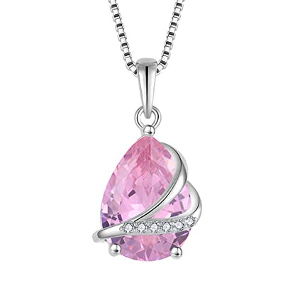 Birthstone Pendant Necklace 925 Sterling Silver Teardrop Jewelry for Women - color: Pink