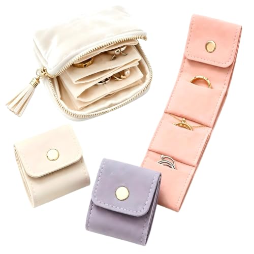 Jewelry Zippered Pocket Case Set with 3 Mini Foldable Jewelry Rolls (White) | 4Pcs Jewelry Organizer Set Keeps Rings Earrings Necklaces Cards And Small Essentials Sorted For Travel - color: White