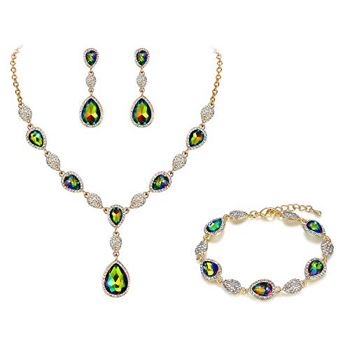 EleQueen Women's Wedding Bridal Jewelry Sets for Brides Bridesmaids, Cubic Zirconia Teardrop Necklace Tennis Bracelet Dangle Earrings Jewellery Set - color: 13-Multiple Color Gold-Tone