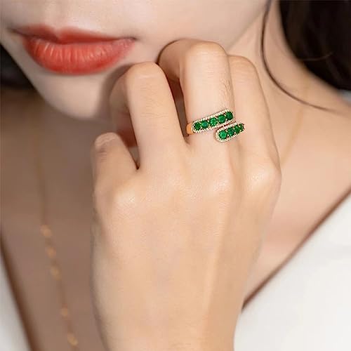 14K Golden Plated Green Crystal Adjustable Open Ring CZ Simulated Emerald Stacking Statement Wrap Finger Bands Rings Sparkling Jewelry Gifts for Women Birthday