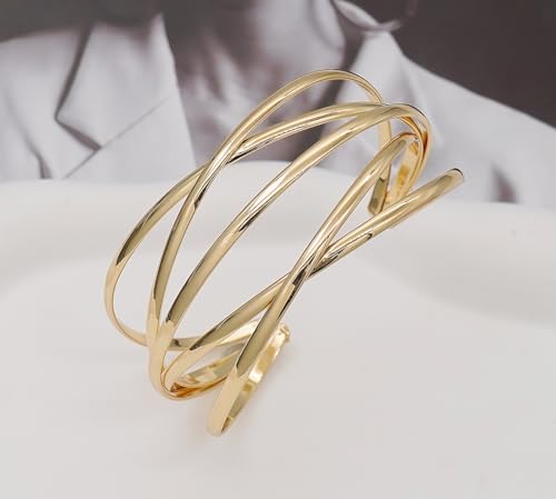 Multi-Layer Cuff Bracelet for Women Cross Wire Bracelets Open Wide Cuff Gold Bangle Bracelet - color: Gold 1