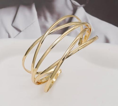Multi-Layer Cuff Bracelet for Women Cross Wire Bracelets Open Wide Cuff Gold Bangle Bracelet - color: Gold 1