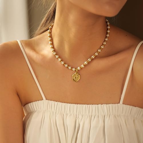NUZON Sunburst Heart / 2-Tone Interlocking/CZ Evil Eye/Single Pearl/Love Heart Pendant Necklace for Women 14K Gold Chain Necklace Chunky Statement Jewelry - color: Pearl Beaded & Teardrop Pendant