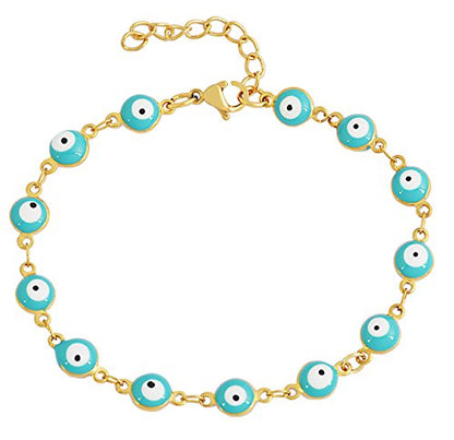 Women's Charm Enamel Evil Eye Protection Link Chain Bracelet - color: Gold,Turquoise