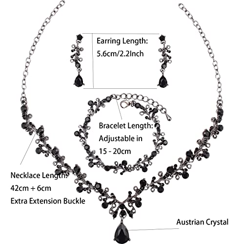 3Pcs Austrian Crystal Jewelry Set for Women, Necklace Dangle Earrings Link Bracelet Jewelry Set with Gold/Platinum/Gun Plated, Wedding Party Jewelry for Bridal Bridesmaid - color: Black-Gun Black