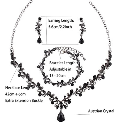 3Pcs Austrian Crystal Jewelry Set for Women, Necklace Dangle Earrings Link Bracelet Jewelry Set with Gold/Platinum/Gun Plated, Wedding Party Jewelry for Bridal Bridesmaid - color: Black-Gun Black