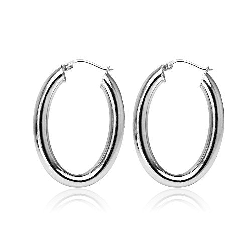 Hoops & Loops 925 Sterling Silver 4.5mm Thick Oval Diamond-Cut Hoop Earrings, 25mm 30mm, Silver, Yellow Gold, Rose Gold & Black - color: Silver 25mm-1''