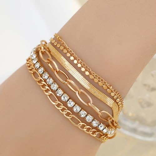 Bracelets for Women, Dainty Stackable Bracelet Stack Sets Tiny Box Chain Adjustable Bracelets Minimalist Cute Jewelry Paperclip Link Layered Waterproof Jewelry Sets Gifts - style: 6-PIECE IMITATION-DIAMOND