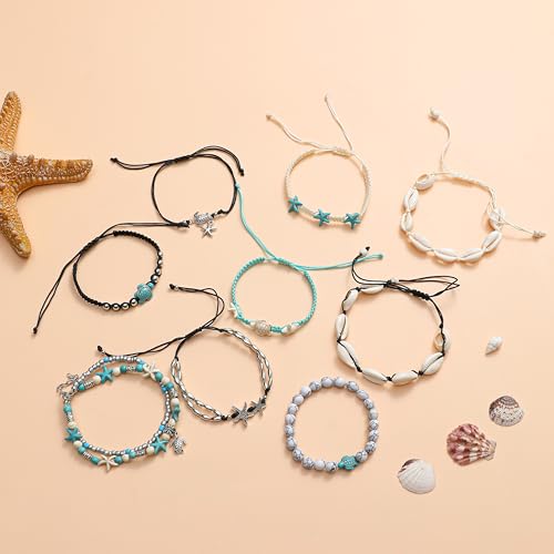 12Pcs Shell Turtle Ankle Bracelets Handmade Seashell Bead Starfish Cowrie Dolphin Adjustable Layered Anklets for Women Boho Hawaii Summer Beach Foot Jewelry - style: A: Turtle