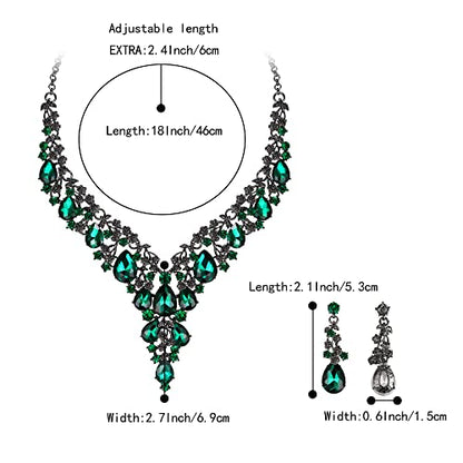 BriLove Women's Wedding Bridal Austrian Crystal Teardrop Flower Cluster Statement Necklace Dangle Earrings Jewelry Set for Party Prom - color: 2Pcs-Emerald Color Black-Tone