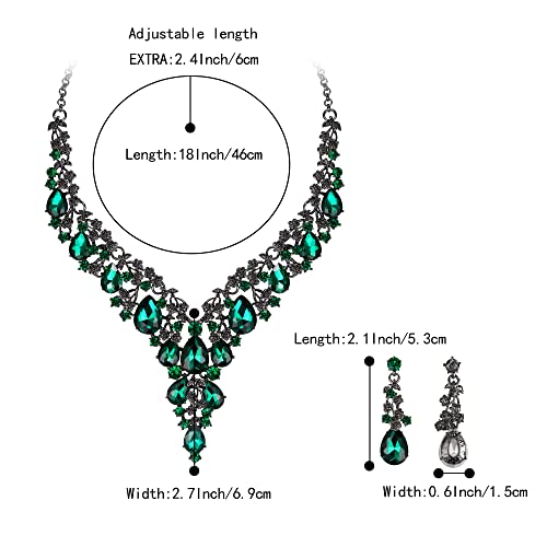BriLove Women's Wedding Bridal Austrian Crystal Teardrop Flower Cluster Statement Necklace Dangle Earrings Jewelry Set for Party Prom - color: 2Pcs-Emerald Color Black-Tone