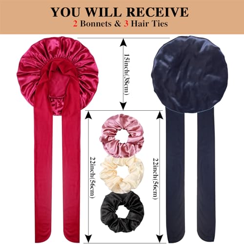 2+3 Large Satin Bonnets with Scrunchies for Women, Hair Bonnet Sleeping Tie Bonnet for Braids Curly Hair - color: G - Wine Red, Navy