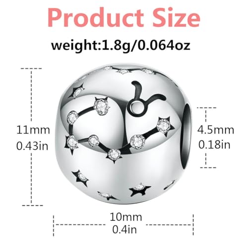 Constellation Charm 925 Sterling Silver Birthstone Bead for Pandora Charms Bracelet-Gift for Anniversary Birthday Christmas Day - color: Taurus（4.20-5.20）