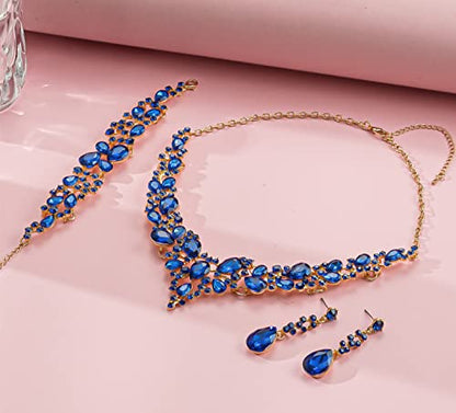 Paxuan Crystal Bridal Wedding Jewelry Sets for Women Rhinestone Teardrop Crystal Statement Choker Necklace Drop Earrings Link Bracelets Rings Teardrop Jewelry Set for Brides Bridesmaids - color: Blue