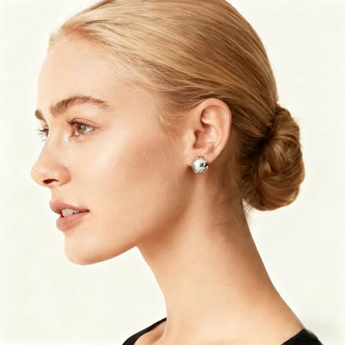 FAN&LOUIS Gold Ball Clip On Earrings, 24K Gold Plated Chunky Half Ball Earrings for Women Non-Pierced Ears Trendy Lightweight Hypoallergenic Clip-On Earrings - style: Silver