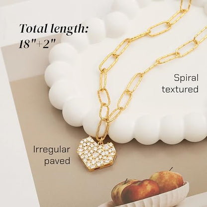 18k Gold Plated Chain Link Necklace for Women, Baroque Pearl/Compass Pendant Necklace - color: Pave Heart