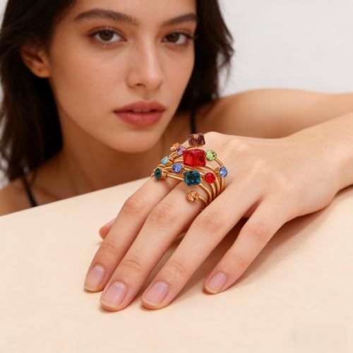 Big Geometric Cube Crystal Ring for Women Statement Geometry Rhinestone Open Rings Crystal Rhinestone Cocktail Ring CZ Fashion Classic Party Wedding Jewelry - color: Colorful