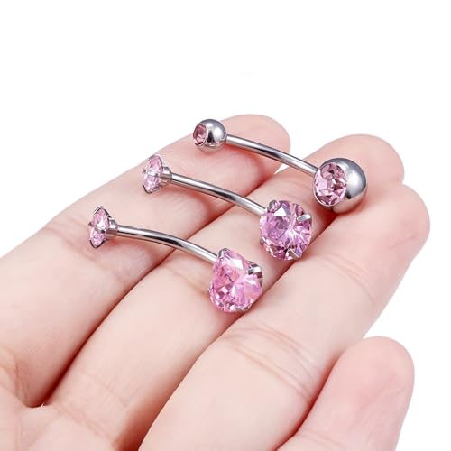 Belly Button Rings Surgical Steel Internally Threaded Belly Button Ring 10MM/12MM/14MM/16MM Navel Rings for Women Clear CZ 14G Long Bar Navel Piercing Jewelry - color: pink, size: 14mm bar length