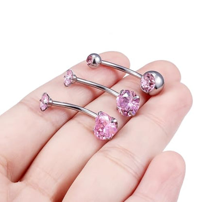 Belly Button Rings Surgical Steel Internally Threaded Belly Button Ring 10MM/12MM/14MM/16MM Navel Rings for Women Clear CZ 14G Long Bar Navel Piercing Jewelry - color: pink, size: 14mm bar length