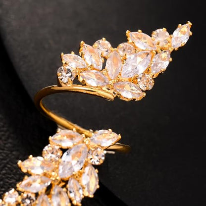 Rhinestone Finger Ring for Women Sparkly Crystal Butterfly Flower Leaf Adjustable Statement Chain Rings Punk Jewelry - color: gold leaf