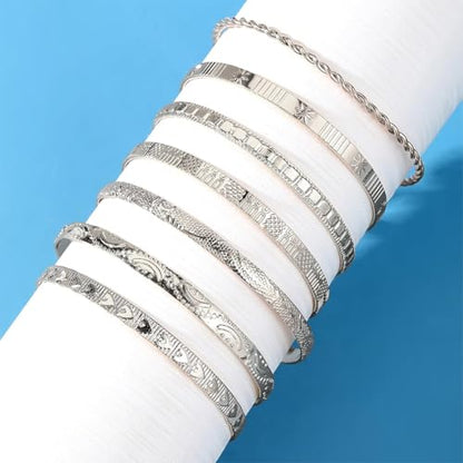 Gold Bangle Bracelets For Women Gold Plated Multi Layer Stackable Cuff Bracelet Set Non Tarnish Trendy Jewelry Gift - color: Silver 7pcs