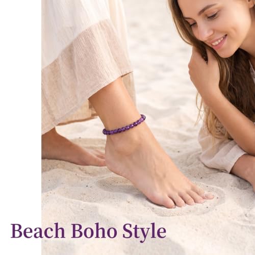 Lit Wall Crystal Anklets for Women Handmade Beach Boho Ankle Bracelet 4mm Adjustable Beaded Ankle Bracelet Waterproof Natural Stone Anklet Plus Size Anklets Gemstone Anklet Jewelry Gift for Her - style: Amethyst