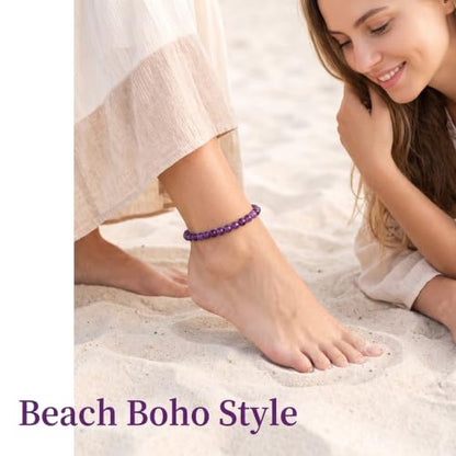 Lit Wall Crystal Anklets for Women Handmade Beach Boho Ankle Bracelet 4mm Adjustable Beaded Ankle Bracelet Waterproof Natural Stone Anklet Plus Size Anklets Gemstone Anklet Jewelry Gift for Her - style: Amethyst