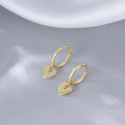 Reffeer Solid 925 Sterling Silver Small Love Heart Drop Earrings Hoop for Women Teen Girls Heart Hoop Earrings Huggie - color: B-Yellow