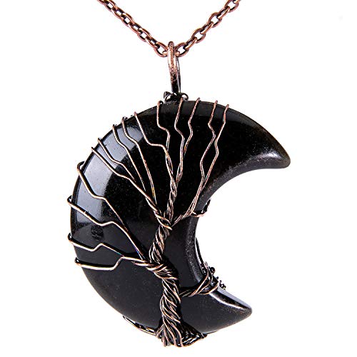 Bivei Life Tree Crescent Moon Necklaces for Women | Copper Wire Wrap Gemstones Pendant Crystals and Natural Stones Necklace Witch Jewellery Christmas Valentine's Day for Friends - color: Black - Black Agate, style: Pack of 1