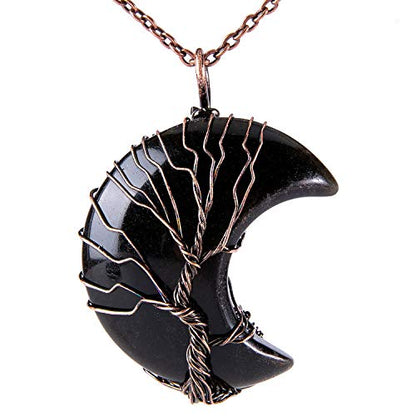 Bivei Life Tree Crescent Moon Necklaces for Women | Copper Wire Wrap Gemstones Pendant Crystals and Natural Stones Necklace Witch Jewellery Christmas Valentine's Day for Friends - color: Black - Black Agate, style: Pack of 1