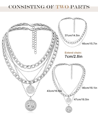 MJartoria Layered Necklaces for Women Trendy Retro Coin Pendant Necklace Dainty Chunky Chain Necklaces for Jewelry Birthday Gifts - color: Silver, style: A-Retro Coin-2PCS
