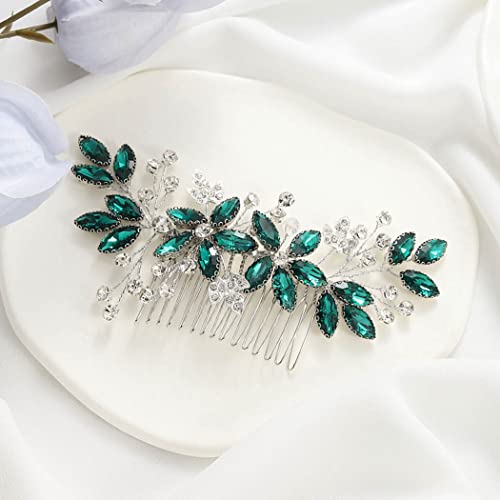 Casdre Crystal Bride Wedding Hair Comb Silver Leaf Bridal Hair Accessories Rhinestone Party Prom Hair Piece for Women and Girls (C Green) - color: C Green