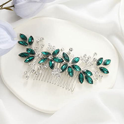 Casdre Crystal Bride Wedding Hair Comb Silver Leaf Bridal Hair Accessories Rhinestone Party Prom Hair Piece for Women and Girls (C Green) - color: C Green